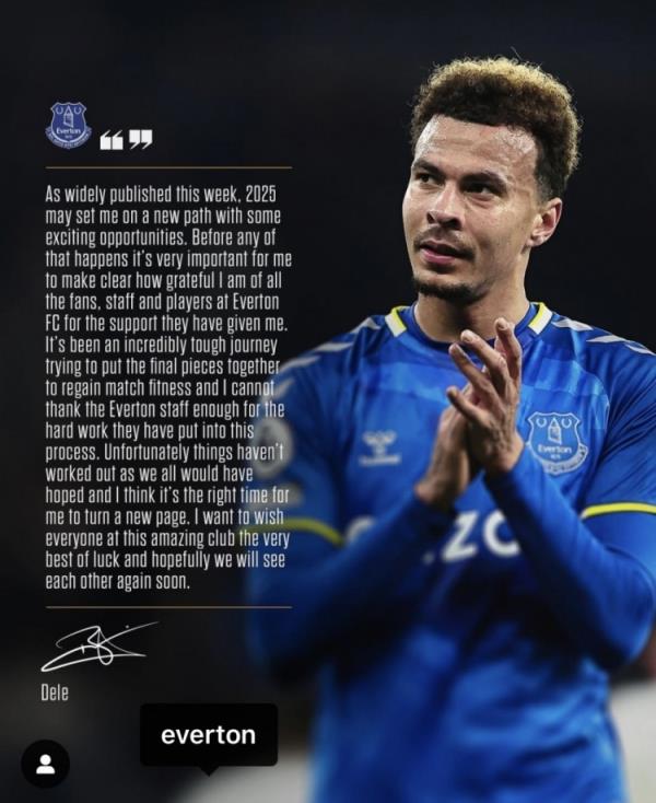 阿里告別埃弗頓：是時(shí)候開始新篇章了，感謝所有人對(duì)我的支持